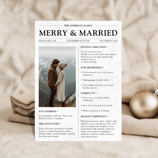 Vrolijk en getrouwde krant Pas getrouwd Kerst Feestdagenkaart