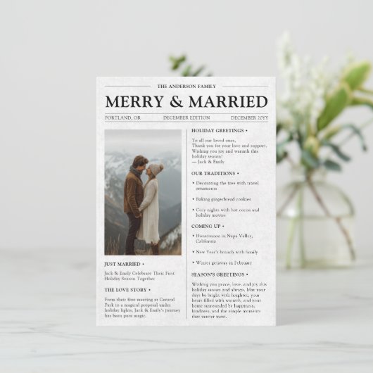 Vrolijk en getrouwde krant Pas getrouwd Kerst Feestdagenkaart (Staand voorkant)