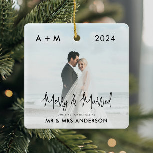 Vrolijk en getrouwde Pas getrouwd eerste kerstfoto Keramisch Ornament