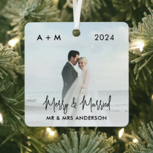 Vrolijk en getrouwde Pas getrouwd eerste kerstfoto Metalen Ornament