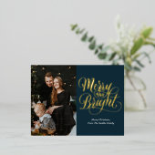 Vrolijk en helder blauw goud kalligrafie foto folie feestdagen briefkaart (Staand Voorkant)