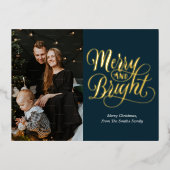 Vrolijk en helder blauw goud kalligrafie foto folie feestdagen briefkaart (Voorkant)