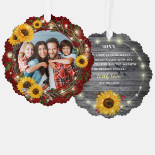 Vrolijk en helder foto rustieke zonnebloem kerst ornament kaart