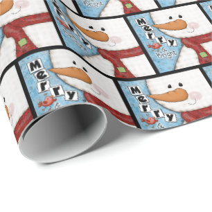 Vrolijk en helder kerst sneeuwman en rode vogel cadeaupapier