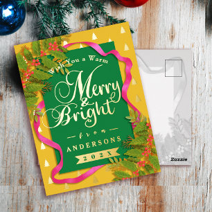 Vrolijk en helder kerstgeel groen folie feestdagen briefkaart