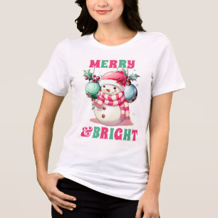 Vrolijk en helder roze kerst sneeuwpop Tri-Blend shirt