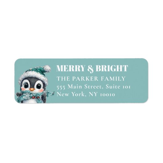 VROLIJK EN HELDER! Schattig, pinguïn met kerstmuts Etiket (Voorkant)