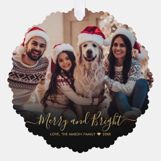 Vrolijk en helder zwart goud script foto kerst ornament kaart (Voorkant)