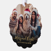 Vrolijk en helder zwart goud script foto kerst ornament kaart (Links)