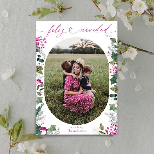 Vrolijk en roze foto Feliz Navidad Kaart