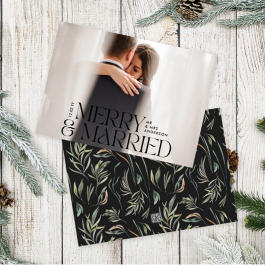 Vrolijk & getrouwd Elegante foto modern botanisch Feestdagenkaart