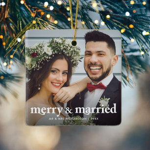 Vrolijk & getrouwd Passen getrouwd Kerstmis Foto Keramisch Ornament