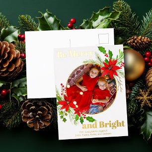 Vrolijk & Helder Kerstfeest Poinsettia Foto Goud Folie Feestdagen Briefkaart
