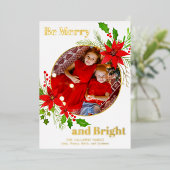 Vrolijk & Helder Kerstfeest Poinsettia Foto Goud Folie Feestdagenkaart (Staand Voorkant)