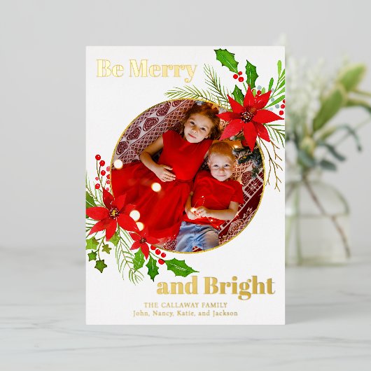 Vrolijk & Helder Kerstfeest Poinsettia Foto Goud Folie Feestdagenkaart (Staand Voorkant)