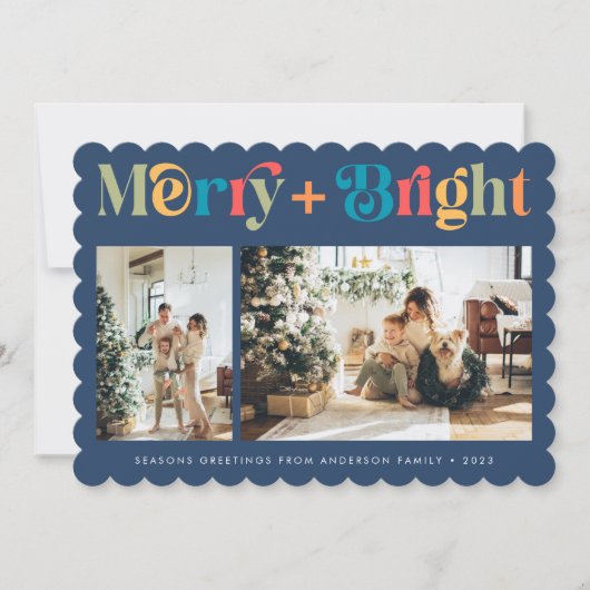 Vrolijk & Helder Retro Kleurrijke Twee Foto Kerstm Feestdagenkaart (Voorkant)