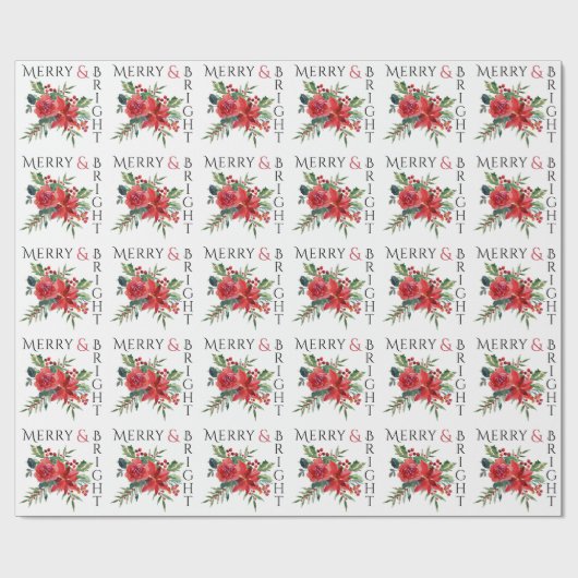 Vrolijk helder rood poinsettia Holly Floral Christ Cadeaupapier (Vlak)