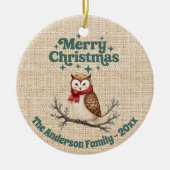 Vrolijk Kerst beige jute schattige uil groen Keramisch Ornament (Voorkant)