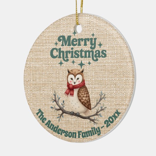 Vrolijk Kerst beige jute schattige uil groen Keramisch Ornament (Links)