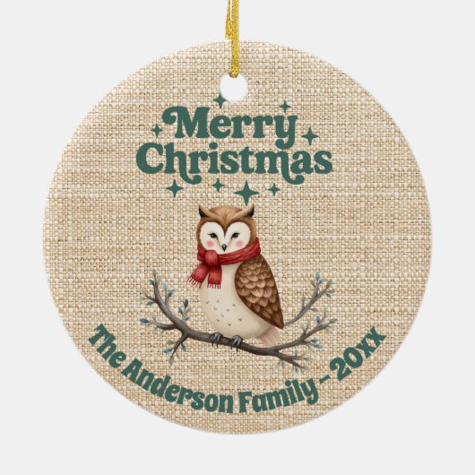 Vrolijk Kerst beige jute schattige uil groen Keramisch Ornament (Achterkant)