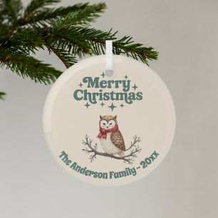 Vrolijk Kerst beige rustieke cadeau schattige uil Glas Ornament