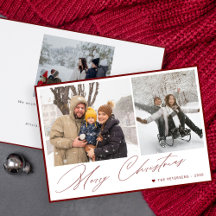 Vrolijk Kerst elegant script eenvoudig 3 foto rood