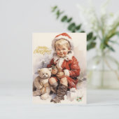 Vrolijk Kerst Kind met Teddy Bear Feestdagenkaart (Staand voorkant)