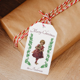 Vrolijk Kerst  klein meisje en Holly Cadeaulabel