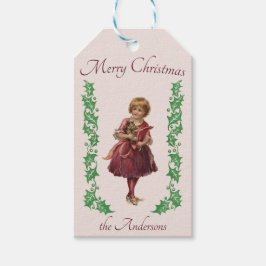 Vrolijk Kerst  klein meisje en Holly roze Cadeaulabel