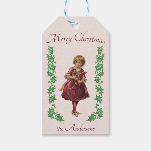 Vrolijk Kerst  klein meisje en Holly roze Cadeaulabel (Voorkant)