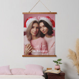 Vrolijk Kerst Lesbische Retro Roze Aangepaste fo Hangend Wandkleed