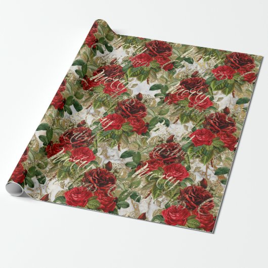Vrolijk Kerst Oud Script Rozen Rood Goud Marmer Cadeaupapier (Uitgerold)
