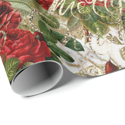Vrolijk Kerst Oud Script Rozen Rood Goud Marmer Cadeaupapier (Rol Hoek)