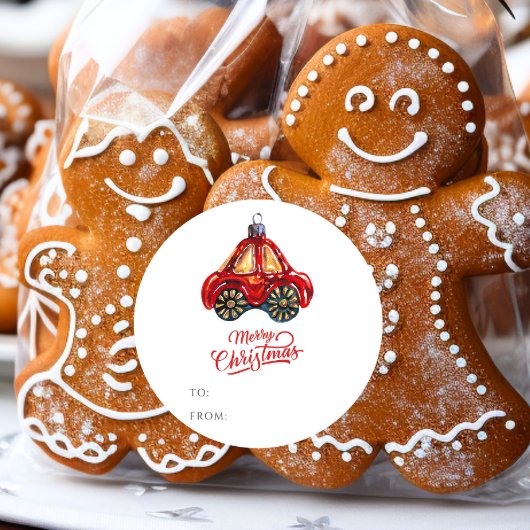 Vrolijk Kerst Retro Auto Ornament Gift Naam Ronde Sticker