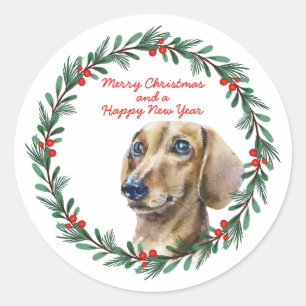 Vrolijk Kerst Schattige Dachshund Hondenfeestkrans Ronde Sticker