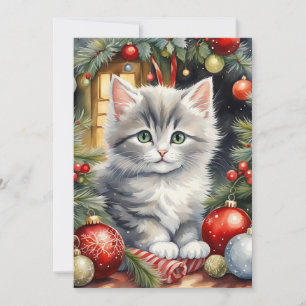 Vrolijk Kerst Schattige Kitten met Ornamenten Feestdagenkaart