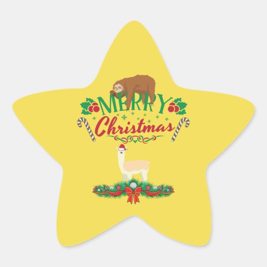Vrolijk Kerst Schattige Llama met een Slaapluiaard Ster Sticker (Voorkant)