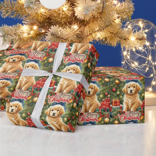 Vrolijk Kerst Schattige Puppy en Kerstboom Cadeaupapier (Feestdagen)