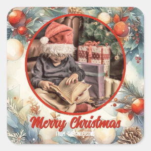 Vrolijk Kerst Waterverf Bladergroen Foto Vierkante Sticker