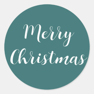 Vrolijk Kerst Wit Script Blauwgroen Groen Eenvoudi Ronde Sticker