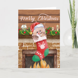 Vrolijk kerstBeer Stocking Fireplace Mantle Feestdagen Kaart