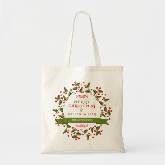 Vrolijk kerstbericht en groot design tote bag (Voorkant)