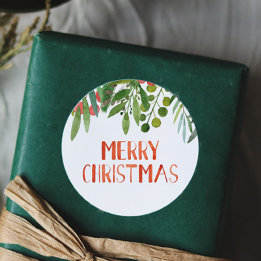 Vrolijk kerstbes en takken Waterverf Ronde Sticker