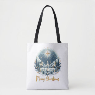 Vrolijk kerstblauw en goud draagtas