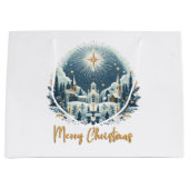 Vrolijk kerstblauw en goud groot cadeauzakje (Voorkant)