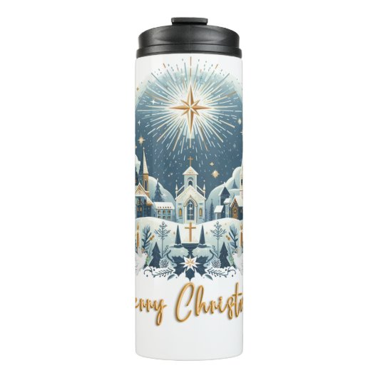 Vrolijk kerstblauw en goud thermosbeker (Voorkant)