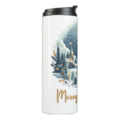 Vrolijk kerstblauw en goud thermosbeker (Gedraaid links)