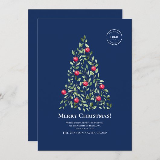 Vrolijk Kerstblauw en Waterverf Tree logo Feestdagenkaart (Voorkant / Achterkant)