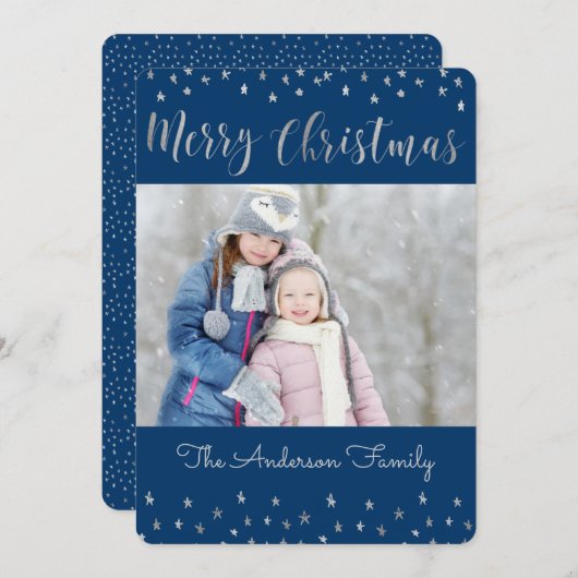 Vrolijk Kerstblauw en Zilveren Folie Sterren Foto Feestdagenkaart (Voorkant / Achterkant)