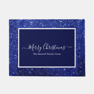 Vrolijk kerstblauw glitter familienaam deurmat